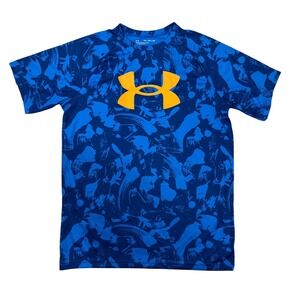 Under Armour Boys Graphic T Shirt Blue Orange Camo Print Size YXL Tech